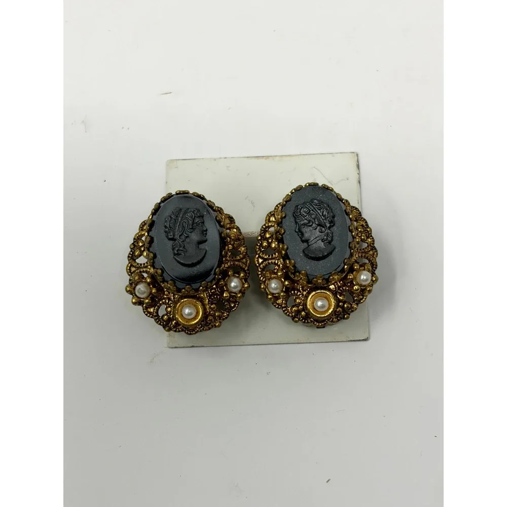 Vintage West Germany Black Glass Cameo Faux Pearl Gold Tone Clip On Earrings